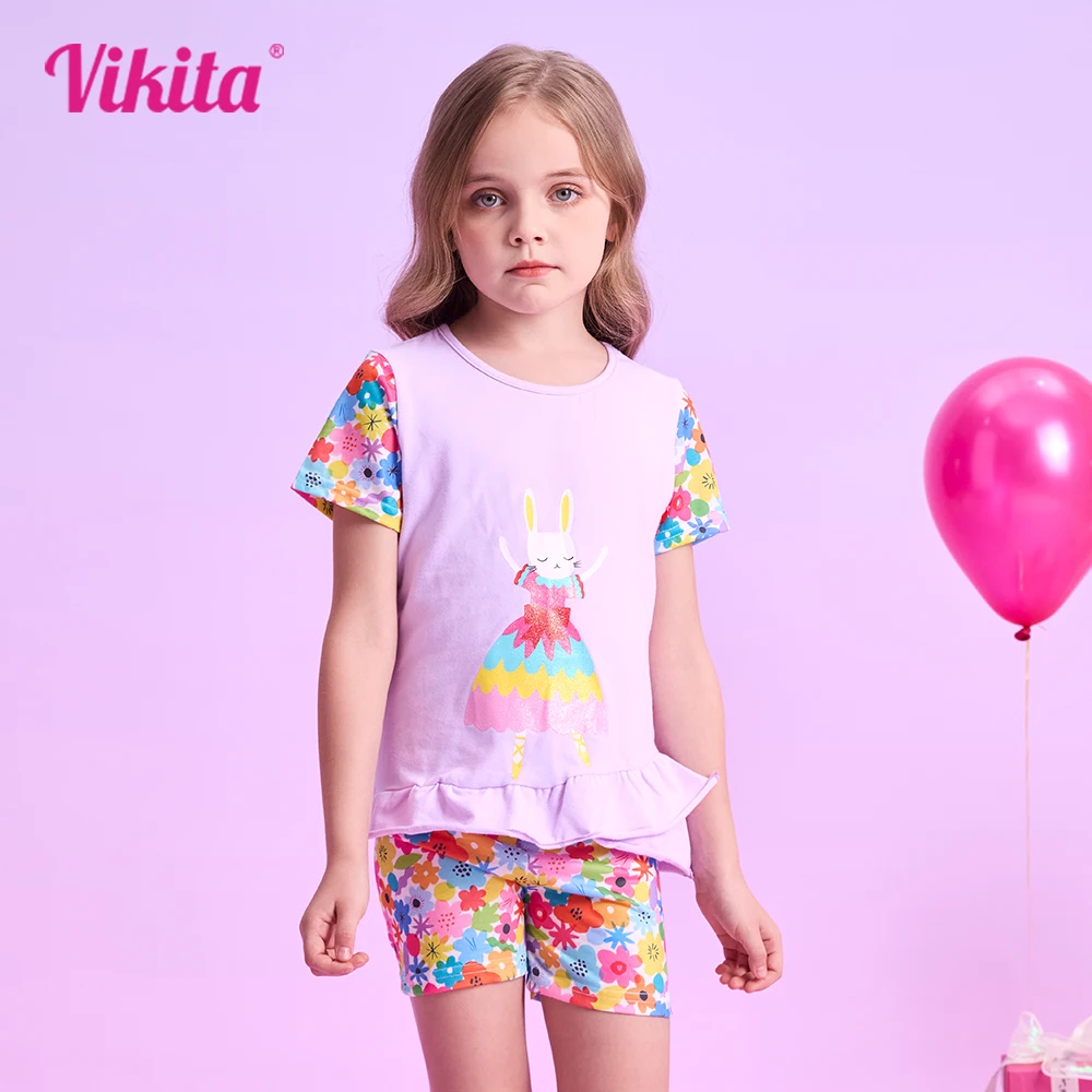 

VIKITA Girls Clothing Sets for Summer Kids Rabbit Floral Print Short Sleeve Cotton T Shirt and Pants 2 Pcs Suit Clothes Sets