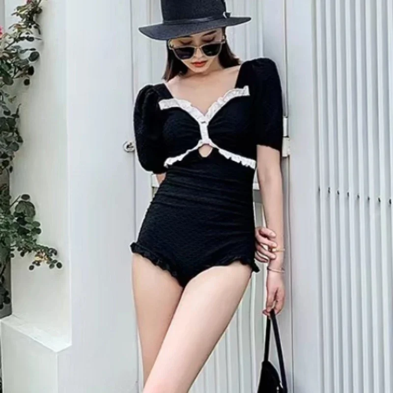 

Swimsuit 2024 Trend Vintage Patchwork Beach Bathing Bodysuit Solid Ruffle Sexy Bikini Shorts Hollow One Piece Suit Slim Swimwear