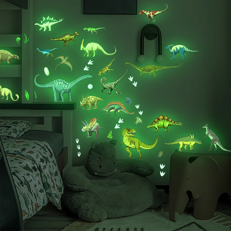 Lebensechte Jurassic-Dinosaurier Leuchtende Wandaufkleber Vinyl-Sticker Leuchten im Dunkeln für Wohnzimmer Kinderzimmer DIY Heimdekoration