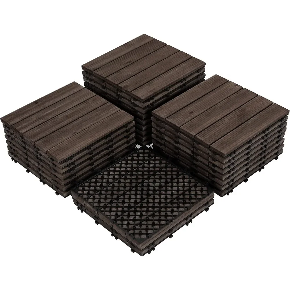 

27PCS Wood Flooring Tiles Interlocking Patio Deck Tiles Blocks Indoor Outdoor Solid Wood 12 x 12in Dark
