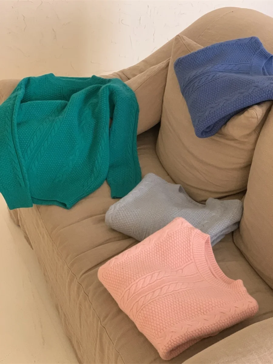 

Thiened Soft round Ne Knitted Sweater Loose Basic Sle with Twist Pattern And Large Sves Color Commute Sle