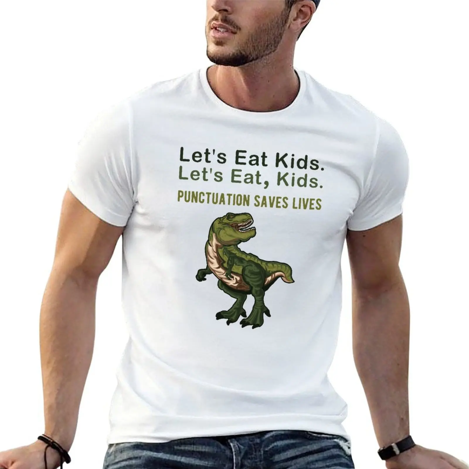 Dinosaur Christmas Pun Let's Eat Kids Punctuation Saves Lives Funny T-Rex Dino Sayings T-Shirt