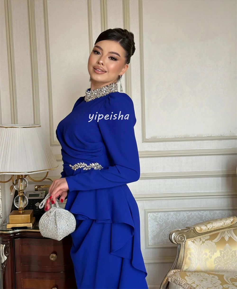 Customized Matching Modern Style Jersey Rhinestone Pleat Draped Straight High Collar Long Dresses Bespoke Occasion Dresses Sexy