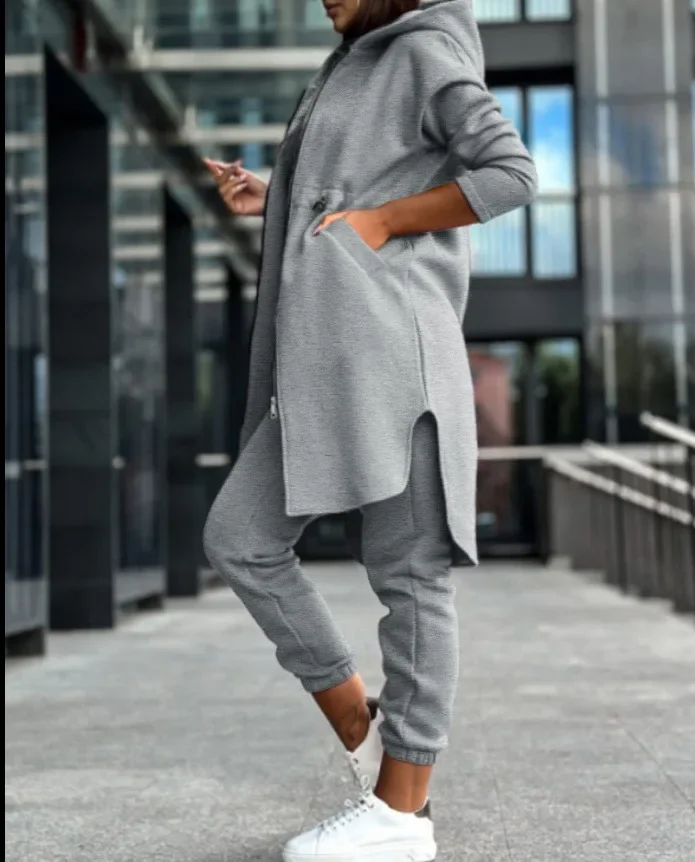 Set di pantaloni da donna autunno inverno set di pantaloni tinta unita con zip con cappuccio felpa con cappuccio tasca set di pantaloni a matita regolari moda casual
