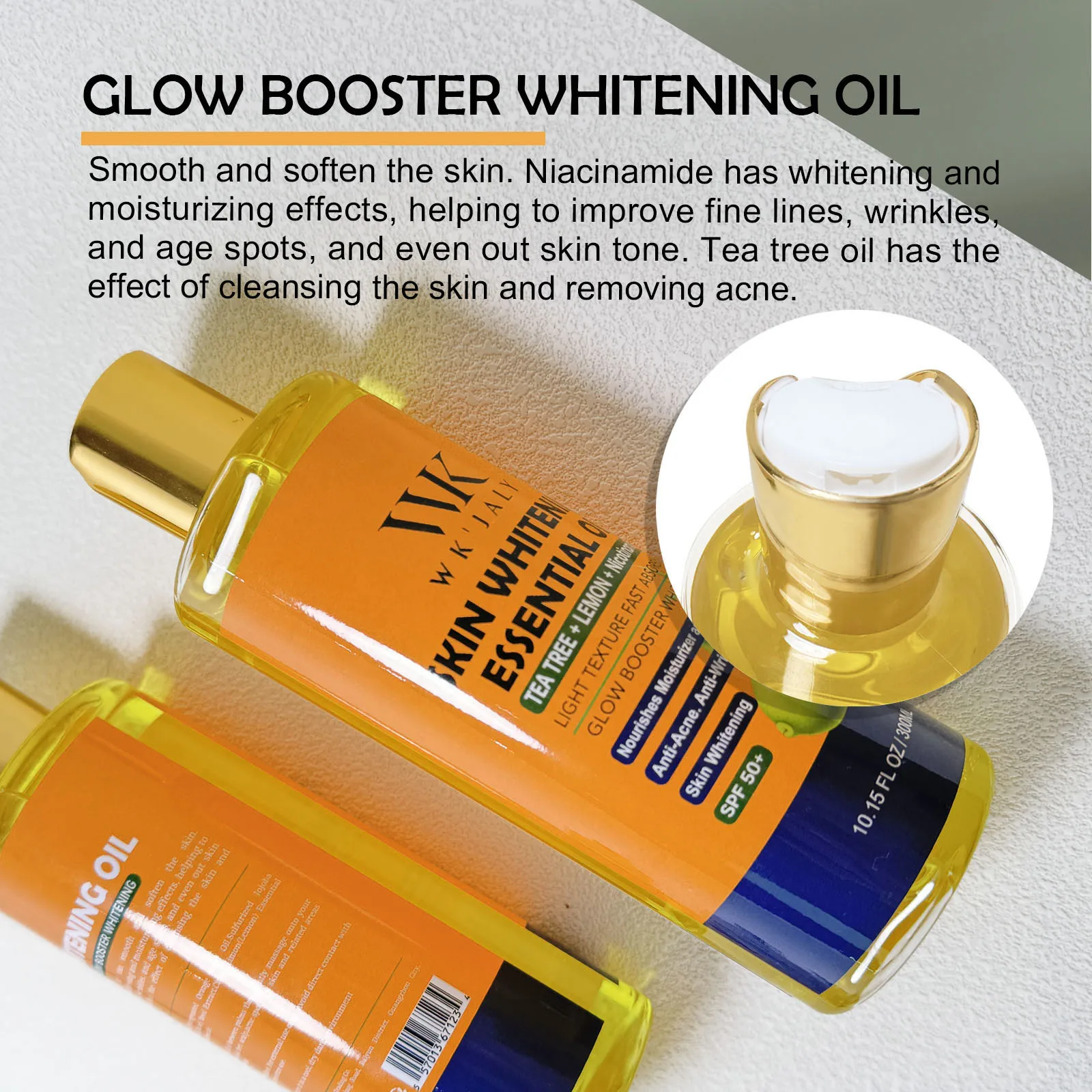 WK JALY Niacinamide Lightening Body Oil For All Skin, With Tea Tree, Lemon, Remove Acne, Fine Lines, Age Spot, Not Greasy, 300ml