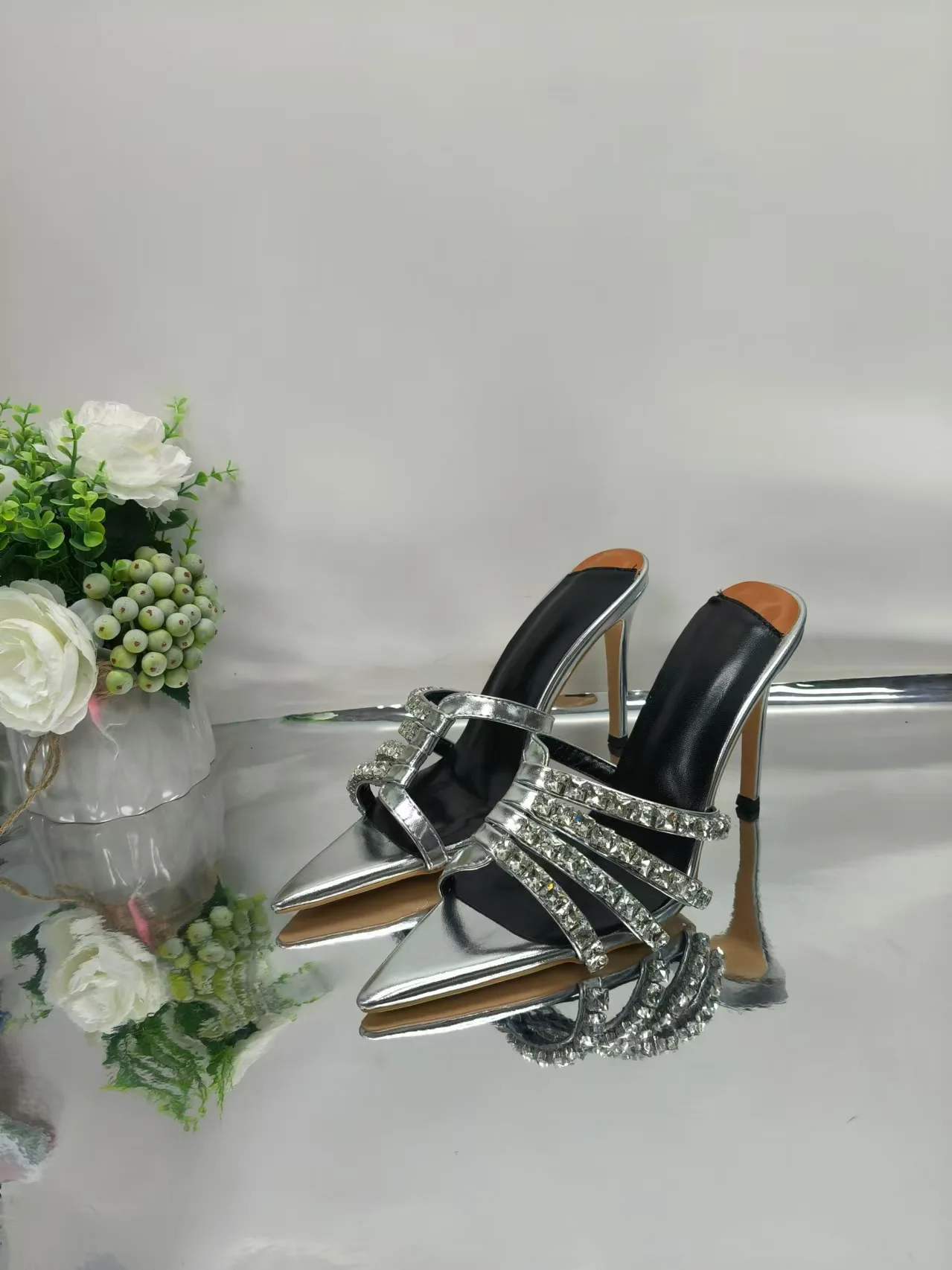 Women Silver Metallic Pointed Toe Mules Rhinestone Multi Strap Thin High Heel Slide Sandals, Party Evening Dress Slip On Heels