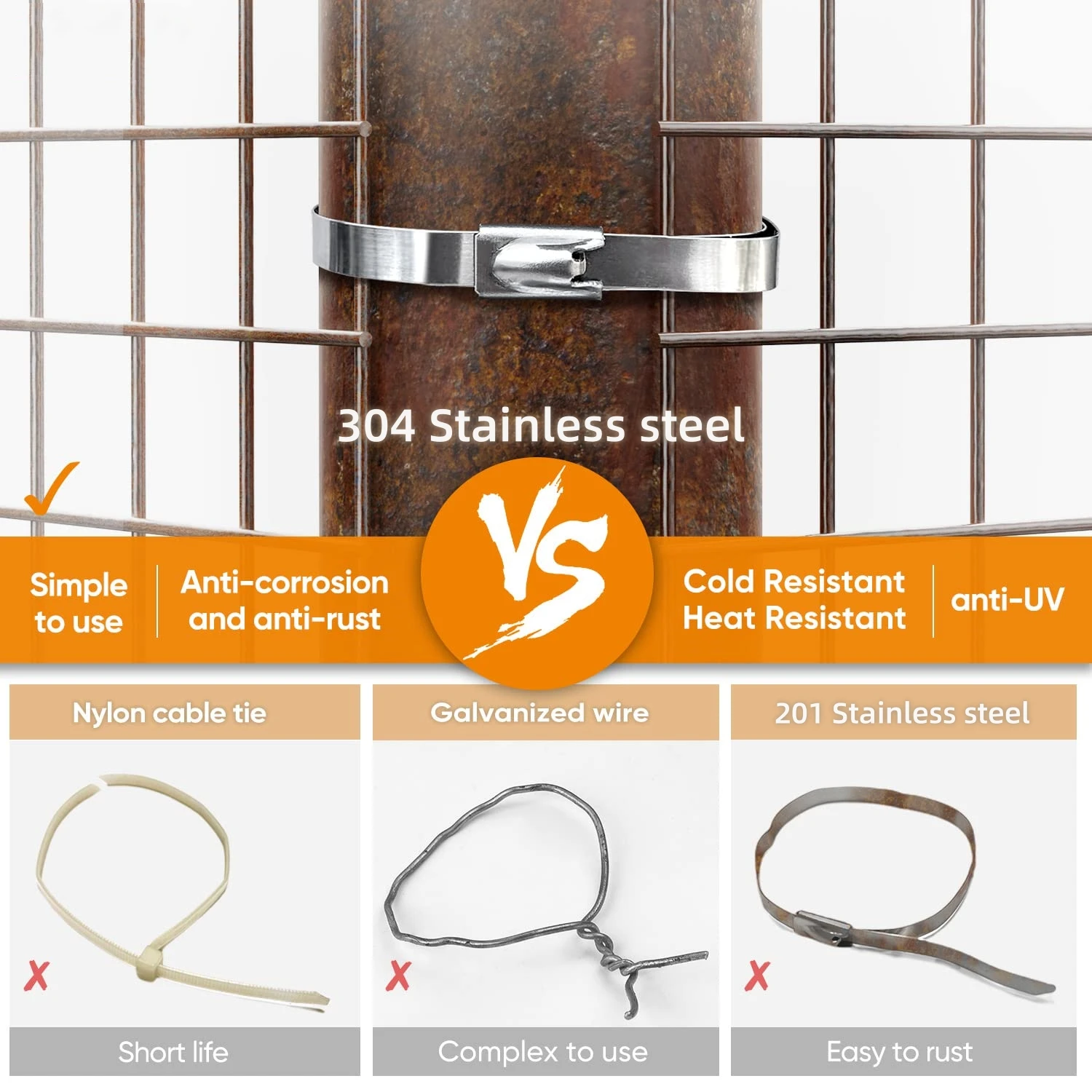 304 Stainless Steel Cable Ties 220LB Heavy Duty, Self-Locking Reusable Metal Wire Rope Tie,  for Outdoor, Industrial, Garden