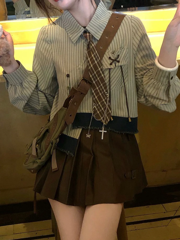 Autumn Women Chic Vintage Crop Top Striped Shirts Long Sleeve Asymmetric Design 2000s Aesthetic Blouses Y2k Streetwear Gyaru New