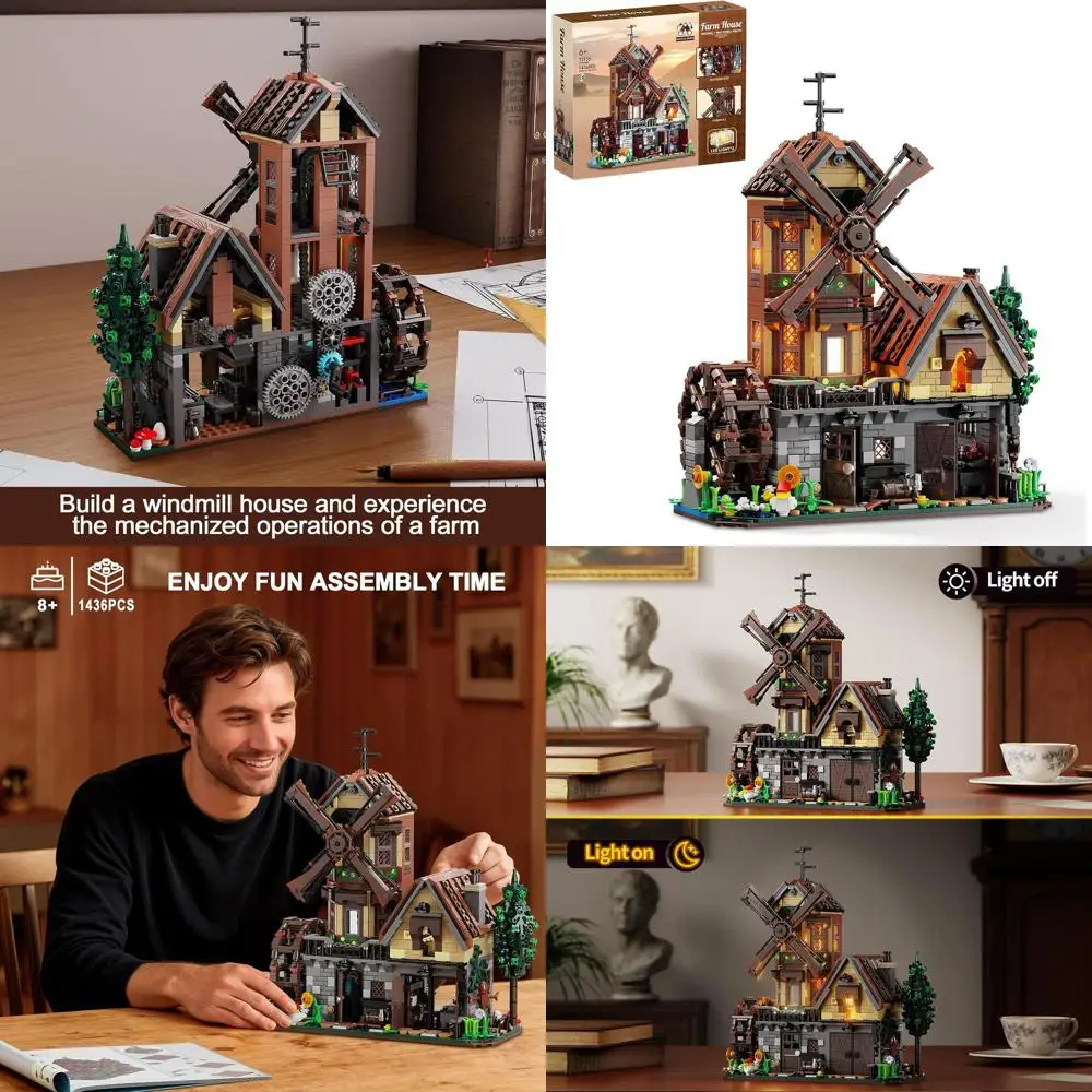 Verlichte mechanische boerderijbouwstenen met windmolen en waterrad, 1436-delige architecurset voor kinderen vanaf 10 jaar