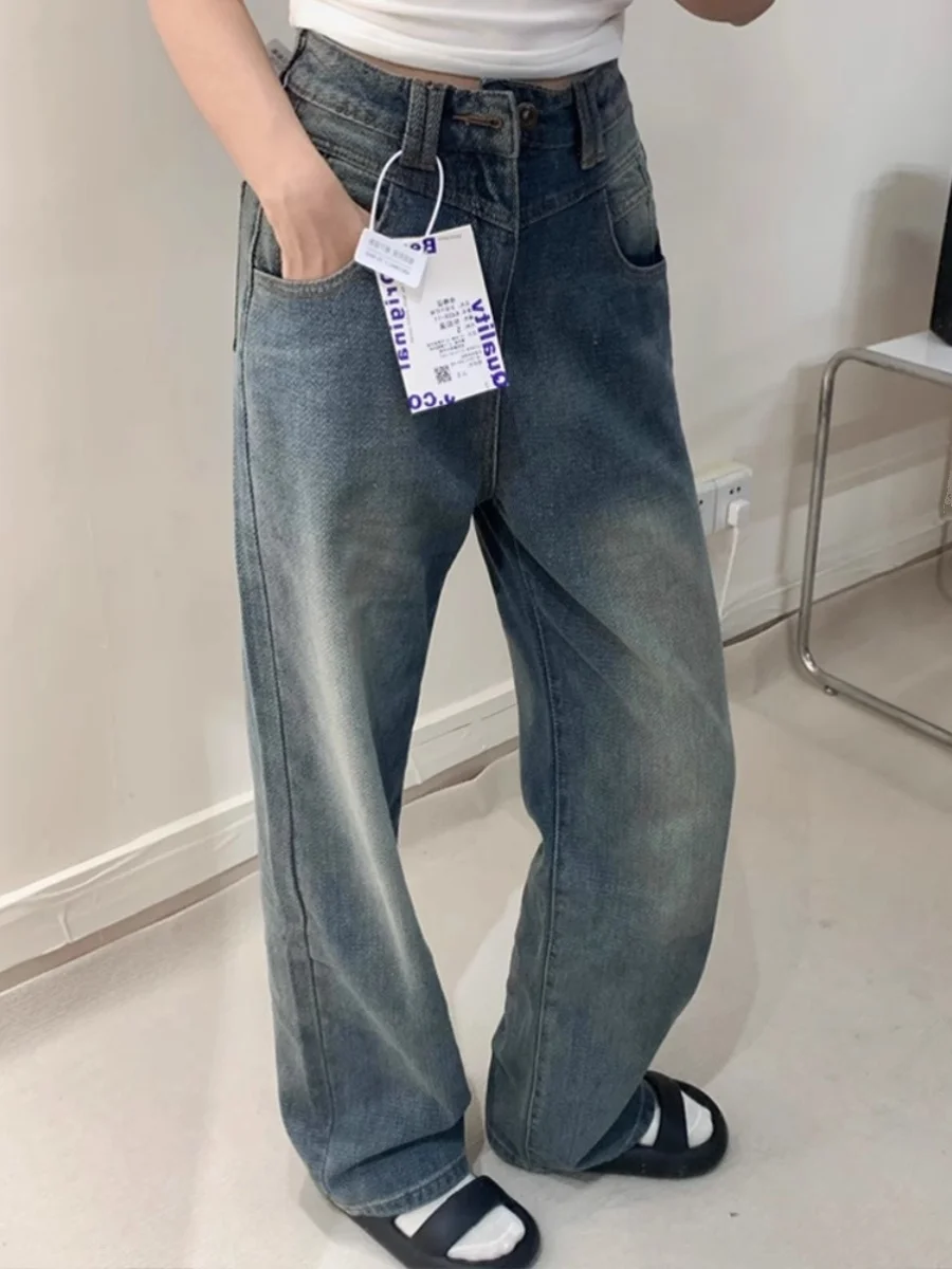 Amerykańskie jeansy retro z wzorem gwiazd, z wysokim stanem, szerokie nogawki, luźne, proste, wyszczuplające, zwiewne spodnie z designerskim akcentem.