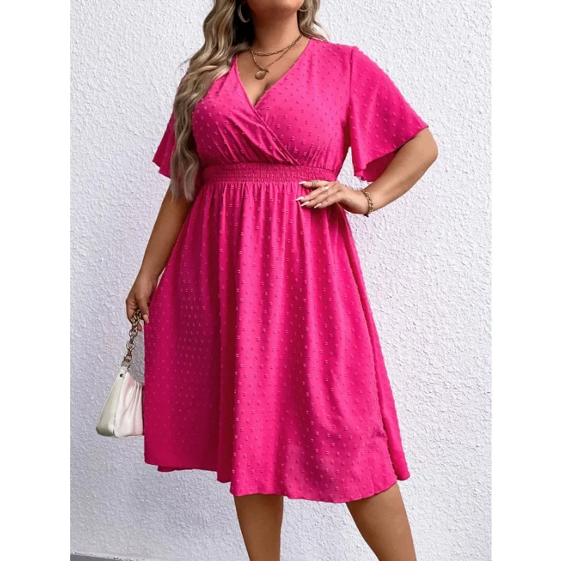 Imagem -05 - Vestidos Casuais Tamanho Grande Femininos Roupa de Verão Cor Sólida Manga Curta com Ponto Elástico na Cintura Elegante Vestido Midi l a 4xl 2023