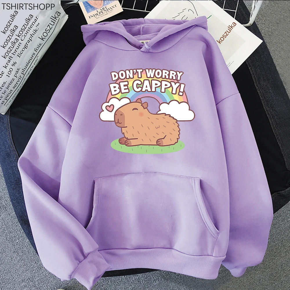 Cute Capybara and Rainbow Don't Worry Be Cappy Hoodie Kawaii Women Hoodies Unisex Autumn Winter Aesthetic Pullovers Sweatshirts