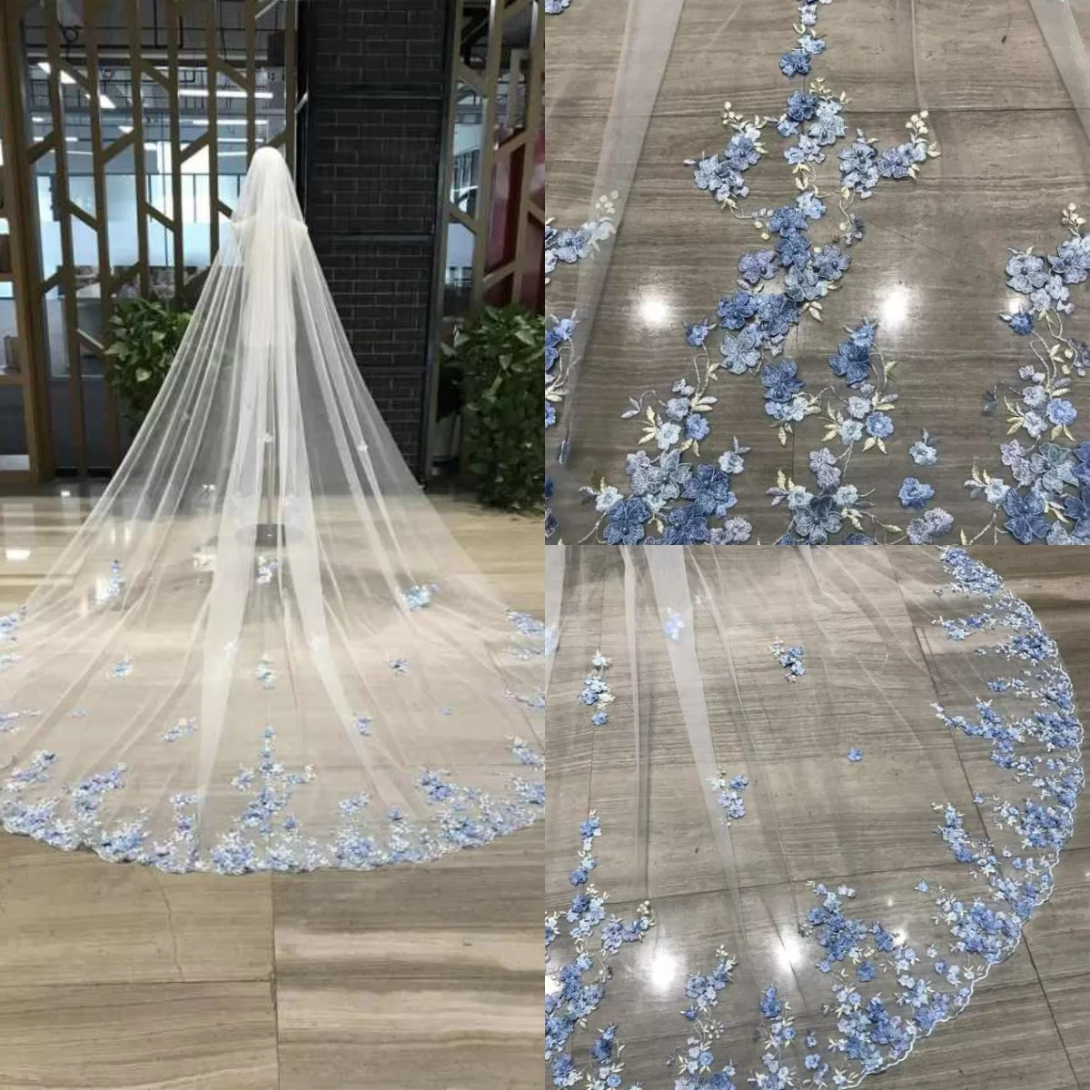 Illusion Wedding Veil 3D Appliques One Layer Long Cathedral Length Veils Applique Edge Velo De Novia For Bride Customized