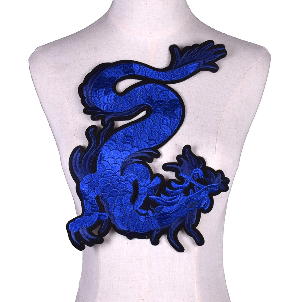 1Pc Blue Dragon Animal Embroidery Patches Biker Embroidered for Jacket Clothing Ironed Sewn on Badge