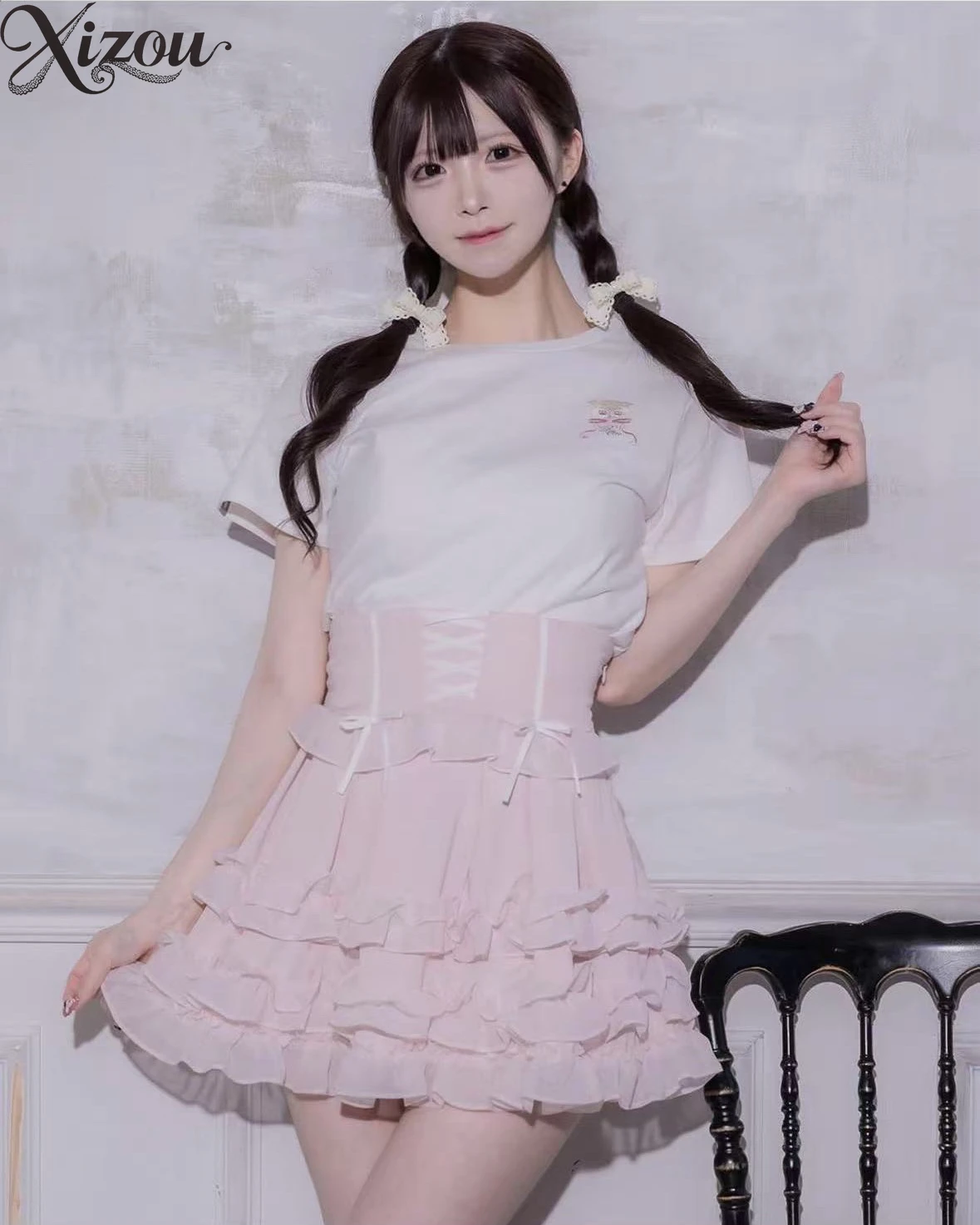 

Cute Puffy Ruffle Casual Women's High Waist Skirts Summer Japanse Style Pure Color Fashion Sweet Above Knee Kawaii Skirt