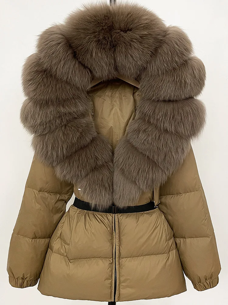Large Real Fox Fur Collar Short Puffer Jacket Women Hooded Winter White Duck Down Coat Thick Female Parkas With Belt