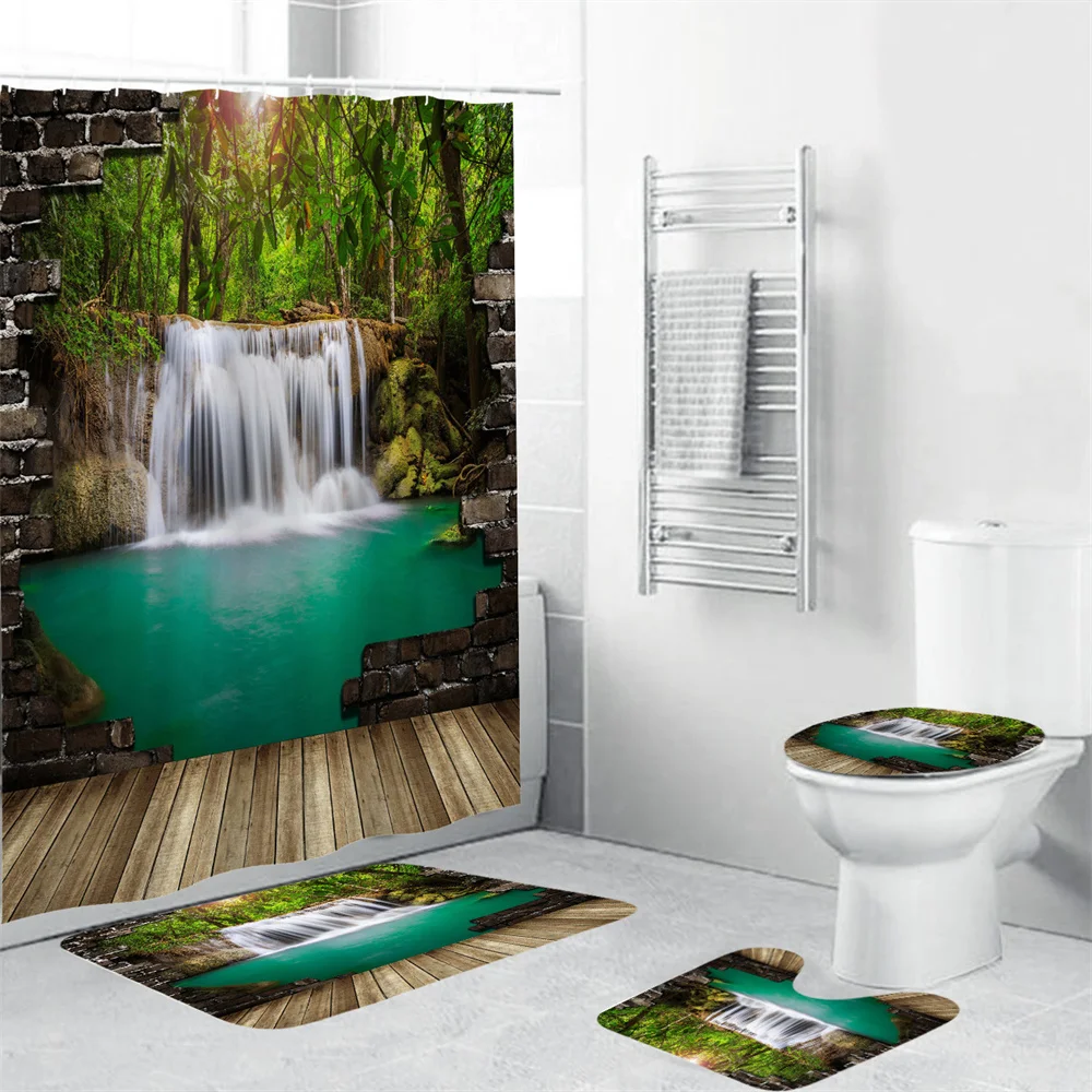 

Forest Falls Shower Curtain Set Waterfall floor mat Toilet mat Shower curtain Waterproof Shower Curtain Waterproof Decoration