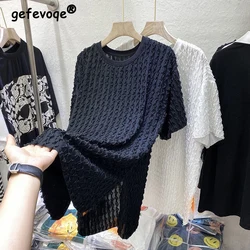 2024 Summer Women's Ruffle Simple Casual Black White Tunic T-shirts Female Round Neck Short Sleeve Loose Y2K Tops Ropa De Mujer