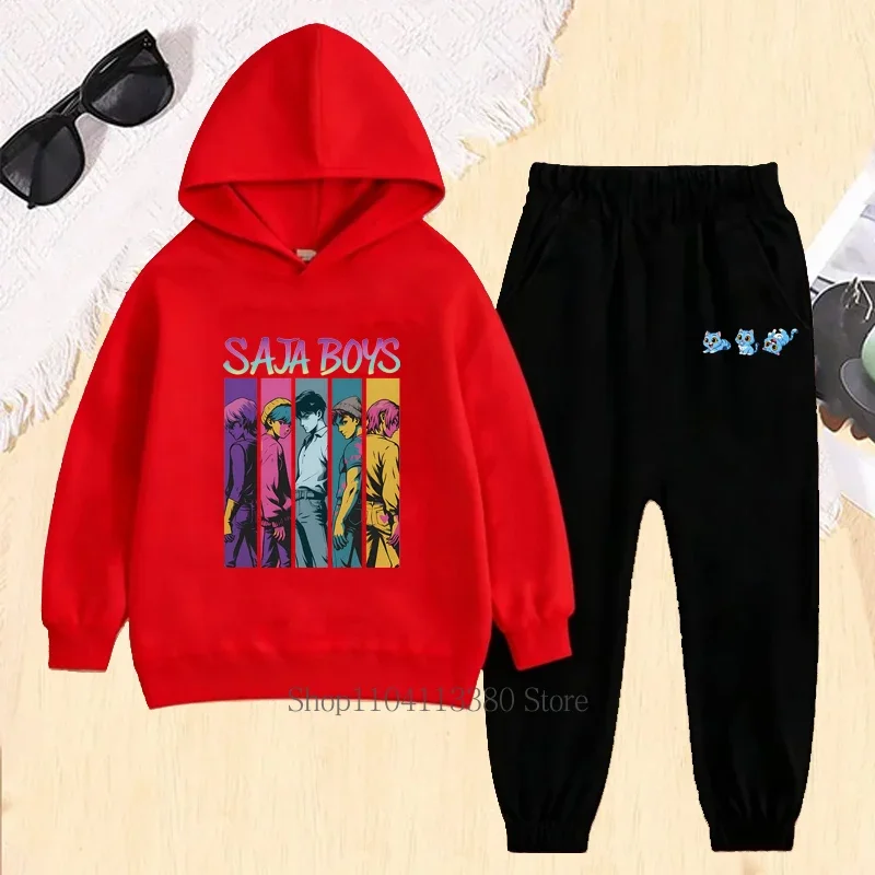 Zestaw dziecięcy z graficznym nadrukiem Saja Boys, jesienno-zimowy, dla dziewczynek i chłopców, casualowy, ciepły, modny, bluzy z kapturem i spodnie, odzież dziecięca z polaru.