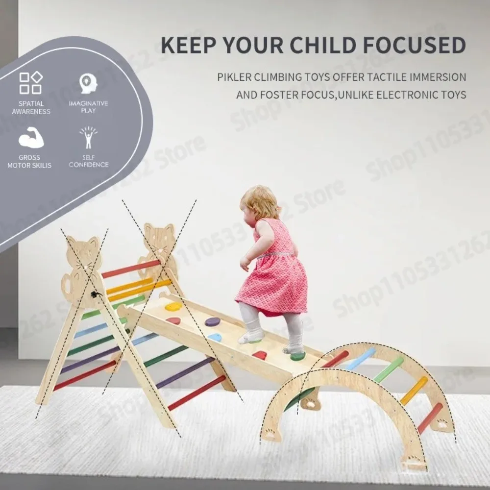 Kids Indoor Wooden Climbing Frame Set Rainbow Arch Climber Slide Rock Climbing Playset For Kindergarten Physical Training