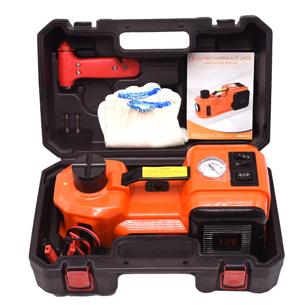 12V 5Ton Car Electric Hydraulic Floor Jack, Tire Inflator Pump and LED Flashlight 3 in 1 Set With Safe Hammer QZ002