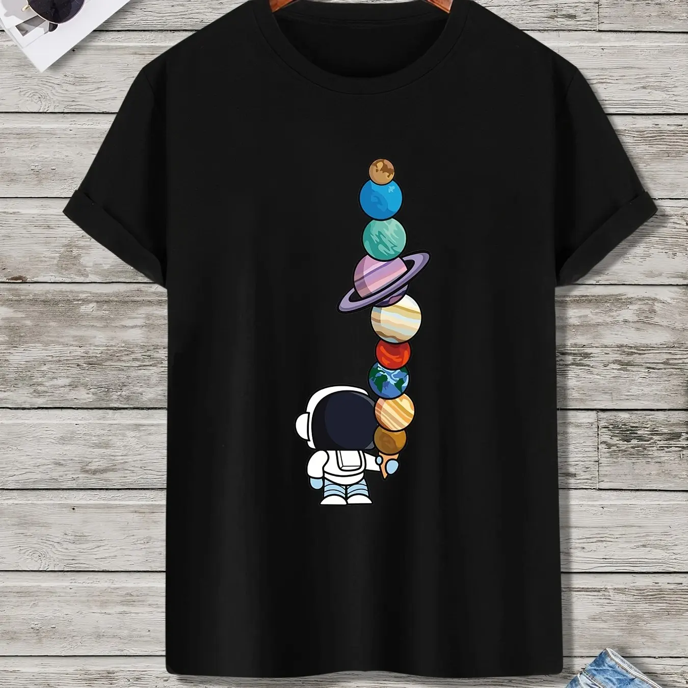 

Men's summer latest 100% cotton cartoon astronaut planet print loose large casual round neck short-sleeved T-shirt