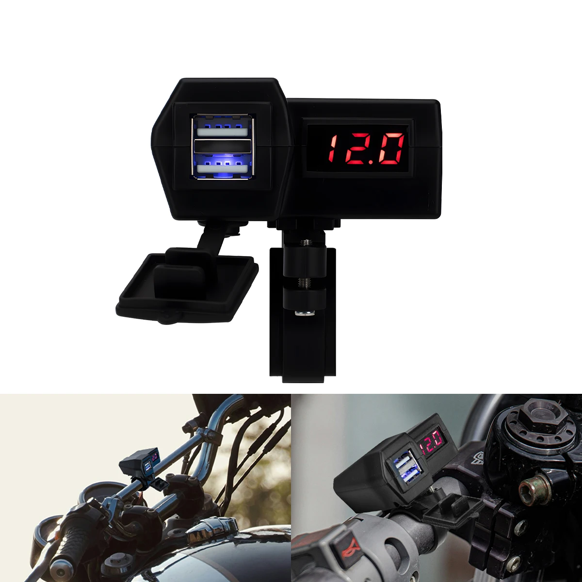 1pc Motorcycle USB Fast Charger Handle Style Dual USB Socket with Switch Voltmeter Waterproof Phone Power Supply Adapter Kit 12V