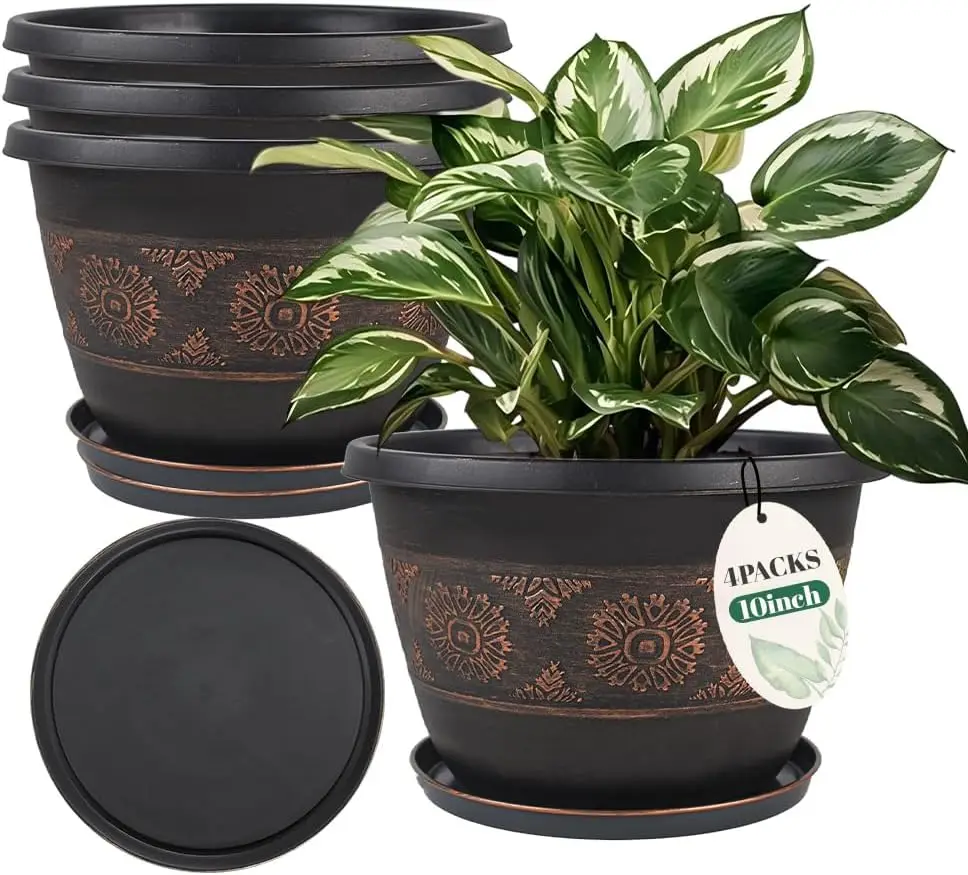 10 Inch Retro Plant Pots 4 Pack with Drainage and Saucers Copper
