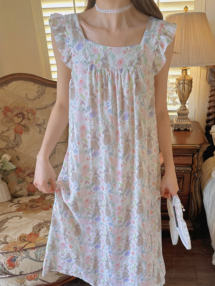 

Корейская длинная ночная рубашка с милым цветочным принтом, женская летняя легкая домашняя одежда из чистого хлопка