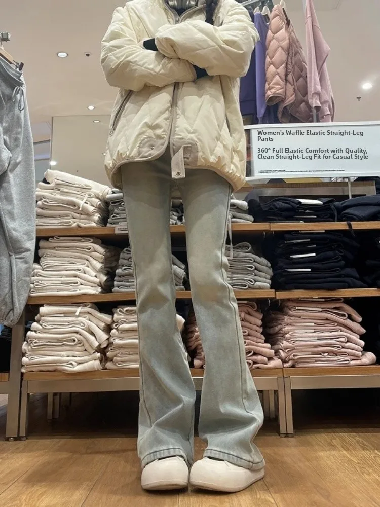 Retro fce forrado micro queimado jeans feminino cintura alta perna larga bootcut calças outono inverno plus size emagrecimento