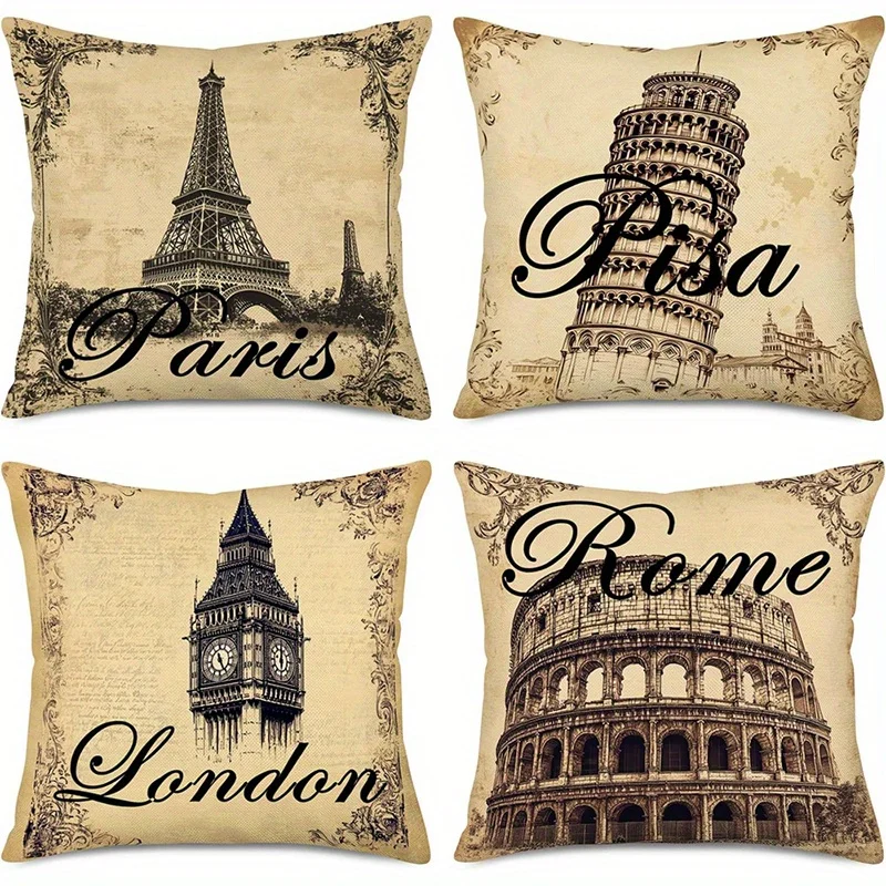 Home Decor Eiffel Pisa London Rome Travel Pillows Pattern Cushion Cover Suitable for Sofa Bedroom Car Pillow Cover
