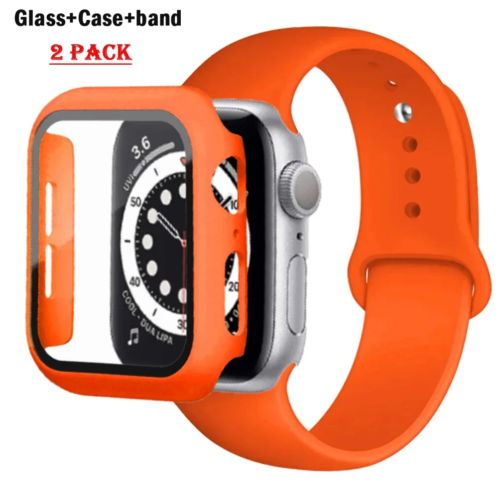 Glass+Case+Strap For Apple Watch band 44mm 40mm 45mm 41mm 38mm 42mm sport bracelet iWatch series 8 9 7 6 5 4 3 SE Silicone band