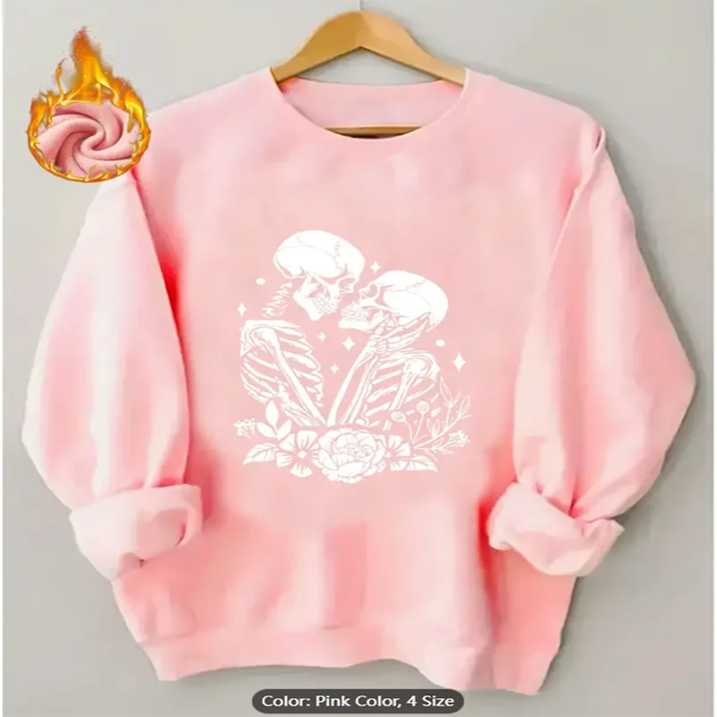 Womens Sweatshirt Skeleton Couple Floral Graphic Print Fleece Lined Casual Oversized Pullover Top for Edgy Style Lovers Cotton