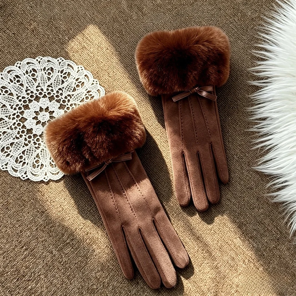 Faux Suede Material Winter Warm Gloves Touch Screen Compatible Furry Cuff Touch Screen Gloves Bow Decor Warm Thermal Layer