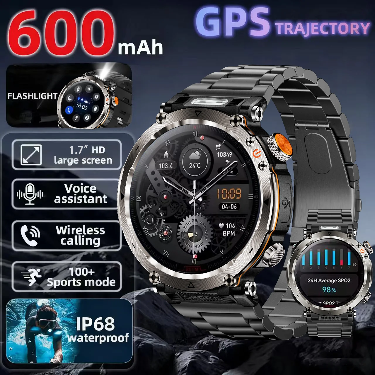 

2025 New Outdoor Smart Watch Men 600mAh LED Flashlight SmartWatch Compass Bluetooth call Heart rate IP 68 Sports Smartwatch