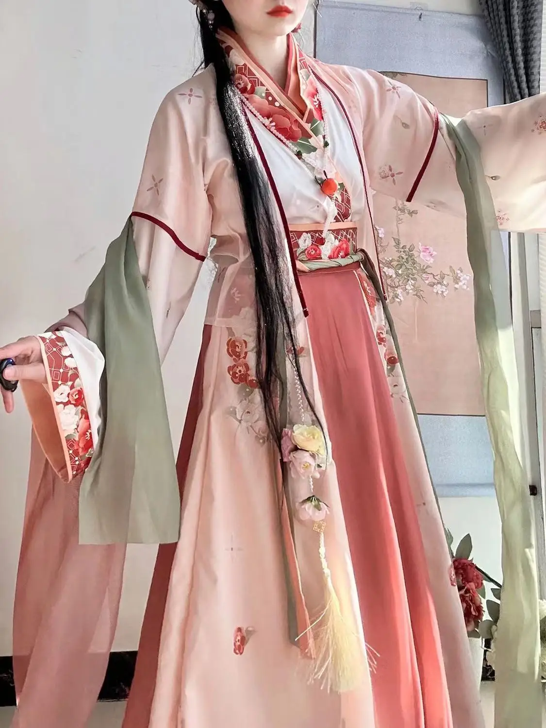 Jupe Ke Zi de la dynastie chinoise des chansons, robe de performance sur scène Hanfu, robe brodée RapIndustry, longueur de la taille intégrée, manches longues larges