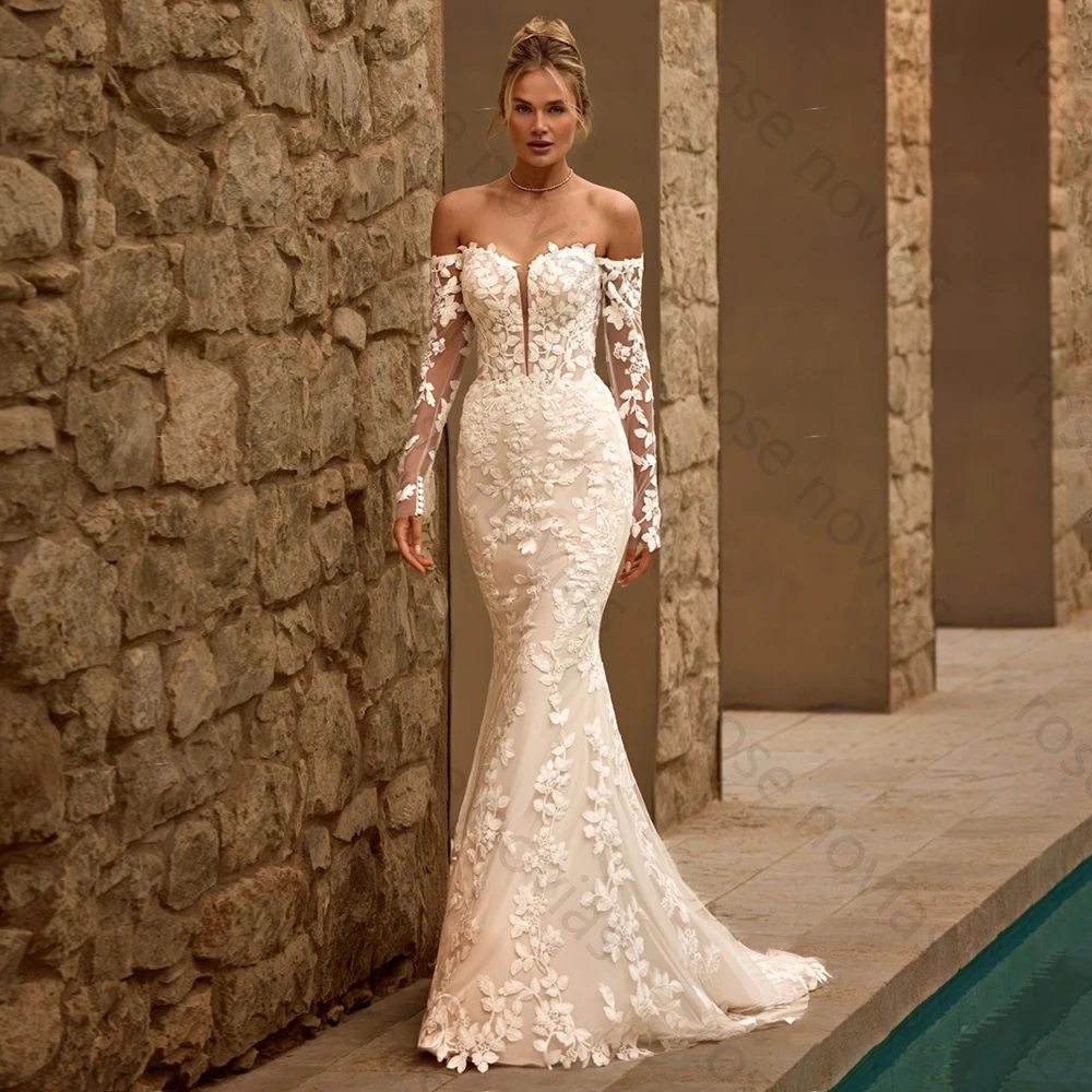 Robe De mariée sirène De haute qualité, personnalisée, col en V, manches longues, dentelle appliquée, fermeture éclair, traîne De balayage