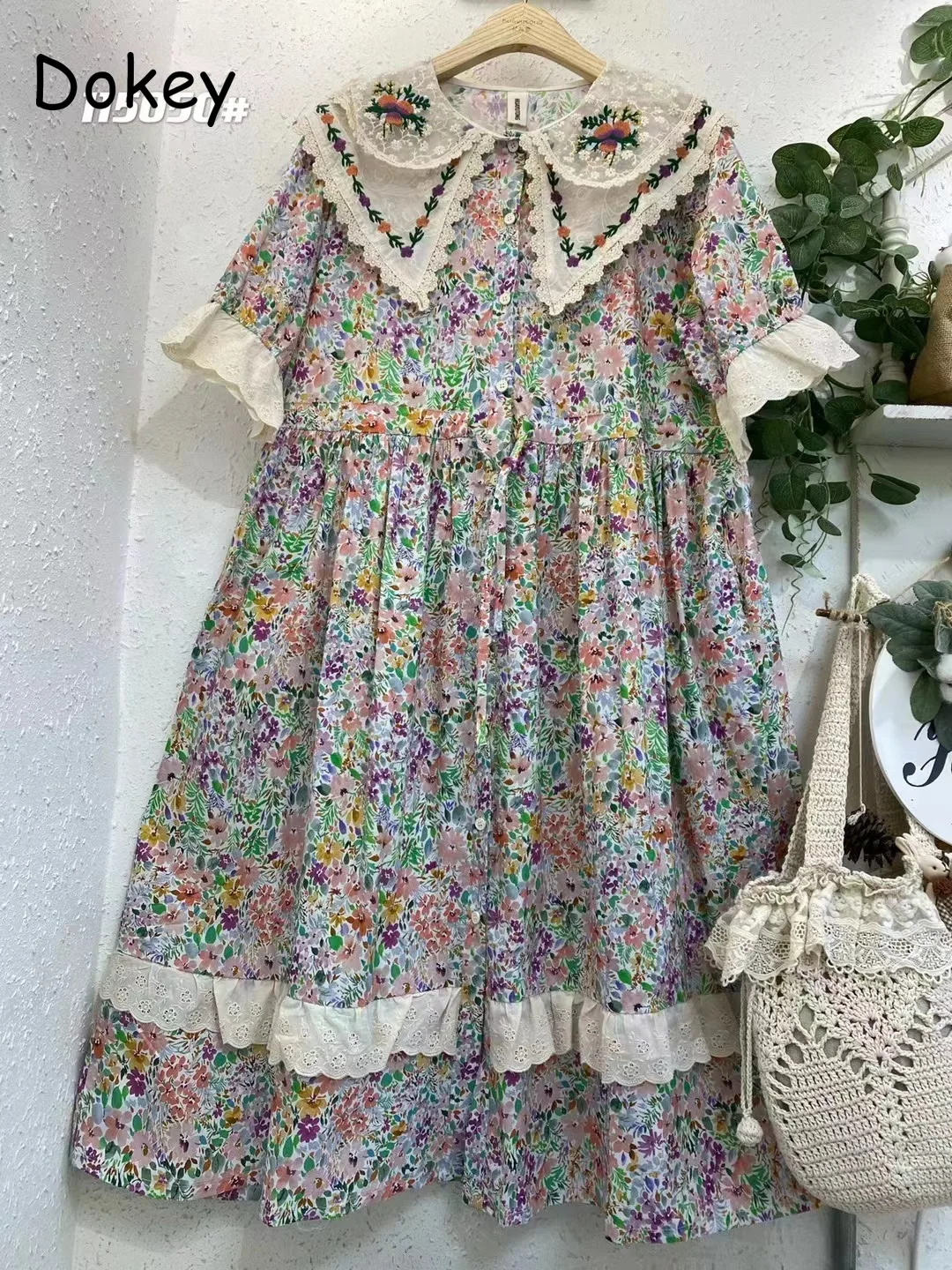 Vintage Embroidery Flower Cotton Linen Long Dress For Women Mori Girl Style Doll Collar Puff Sleeve Lace-up Casual Loose Vestido