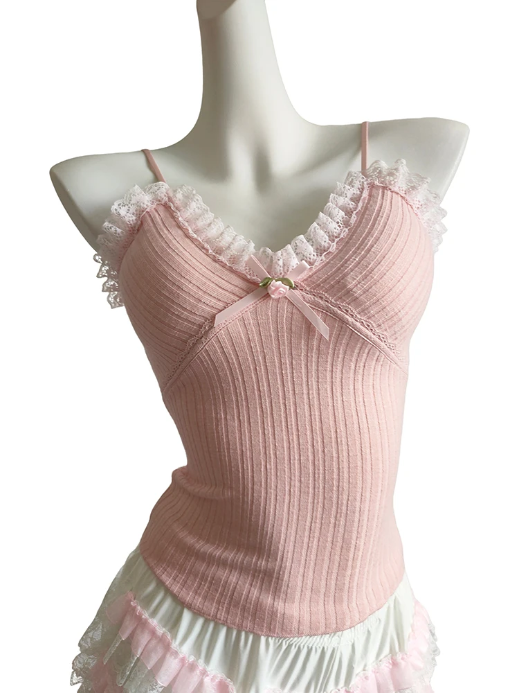 

Розовые майки, милый укороченный топ, женские летние укороченные топы с бантом и эластичной кружевной отделкой для милых девочек, кавайная одежда