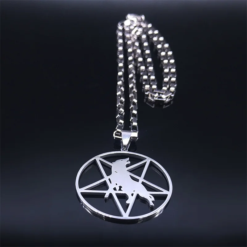 Inverted Pentagram Wolf Stainless Steel Statement Necklace Silver Color Music Band Pendants Necklaces Jewery Colgante N1149S06