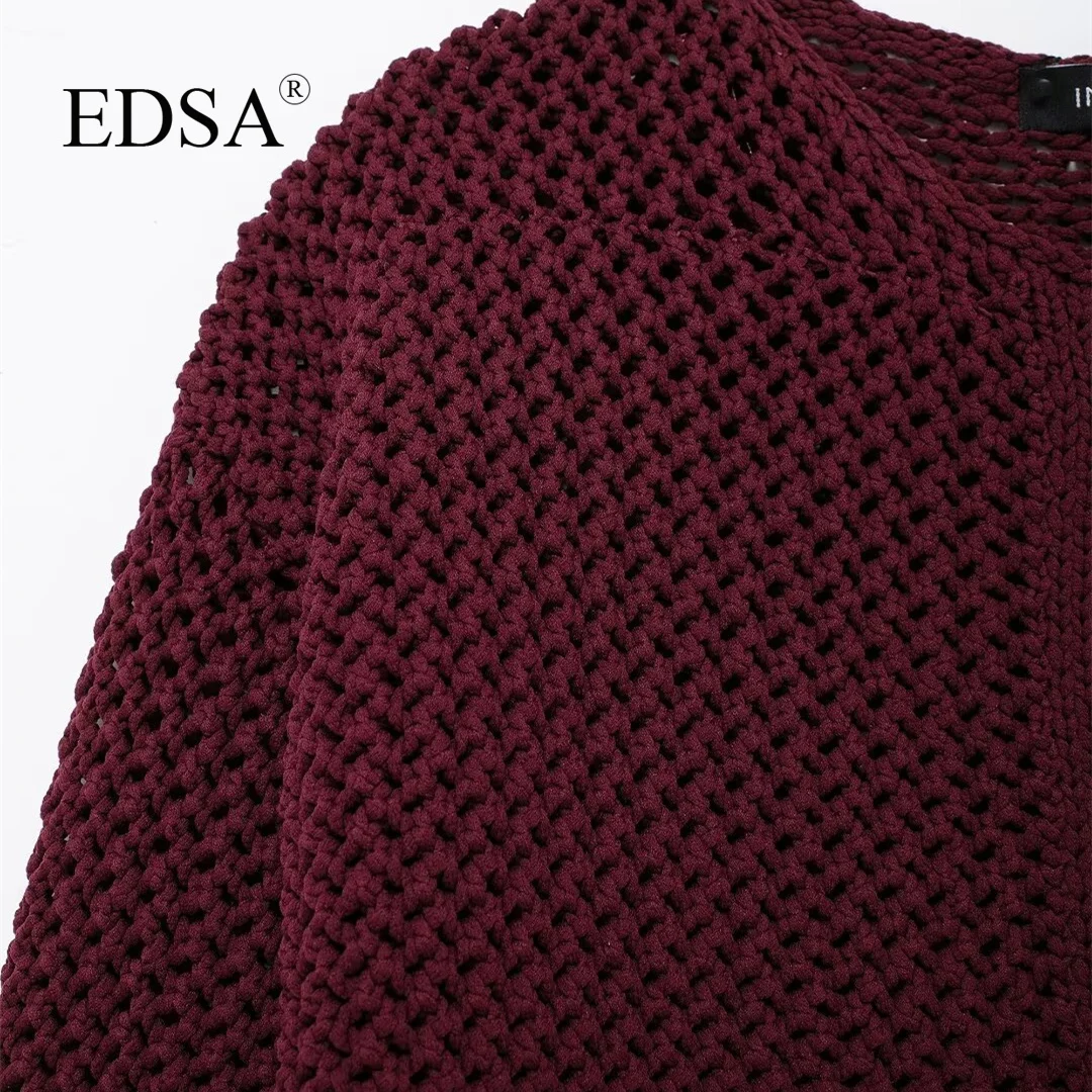 EDSA Women Hollow Out Chunky Knitted Cardigans dla kobiet z długim rękawem i metalowymi guzikami Krótki sweter Crop Top Dzianina Odzież wierzchnia