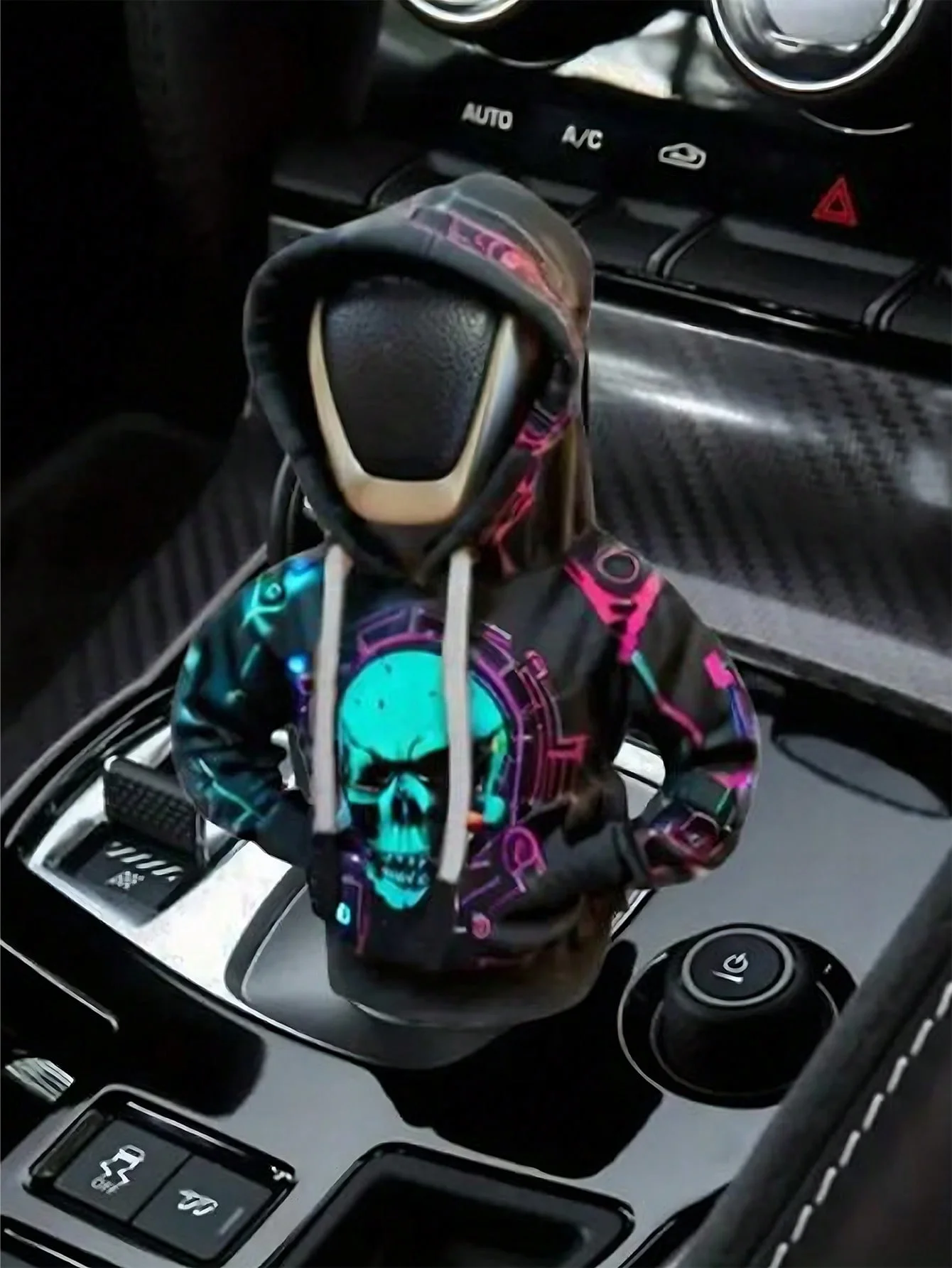 Creative Hoodie Gear Shift Cover – Fun Car Interior Accessory with Neon Skull Print, Soft Anti-Sweat Inner Lining, Easy to Insta