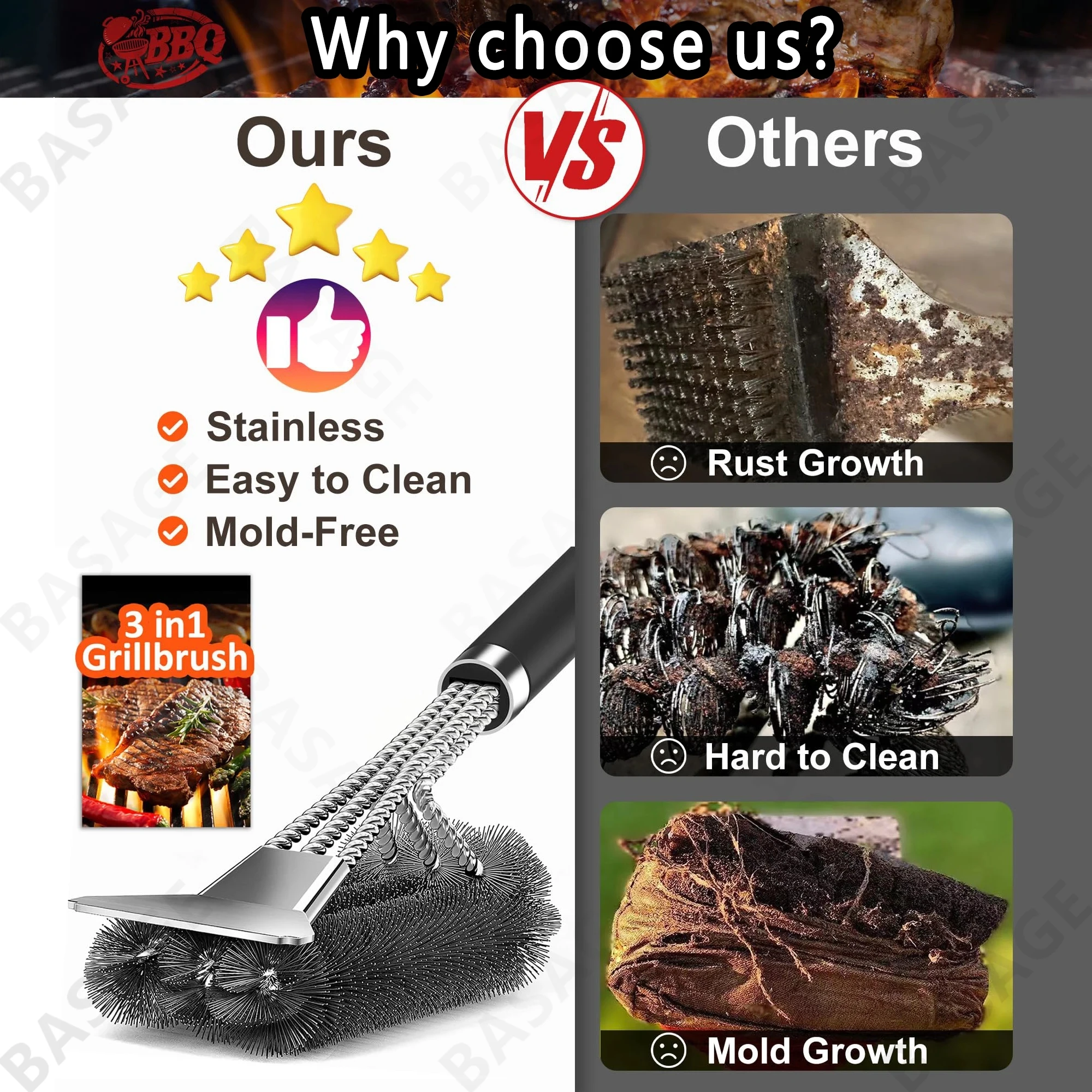 3 in 1 Barbecue Brush with Stainless Steel Wire Bristles for Charcoal and Electric Grill Outdoor , Camping - BBQ Cleaning Brush - Image 2