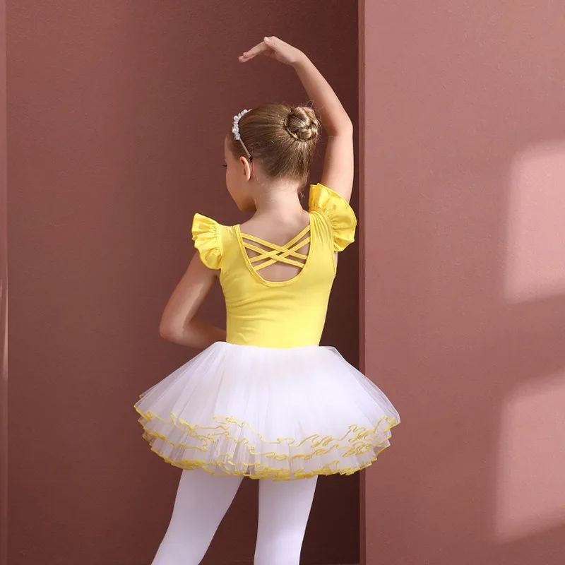 فساتين فتاة رفرفة الأكمام يوتار متقاطع الظهر 4 طبقات رقيق توتو تنورة كوريا الأميرة الجمباز سكيت الباليه الكلاسيكية