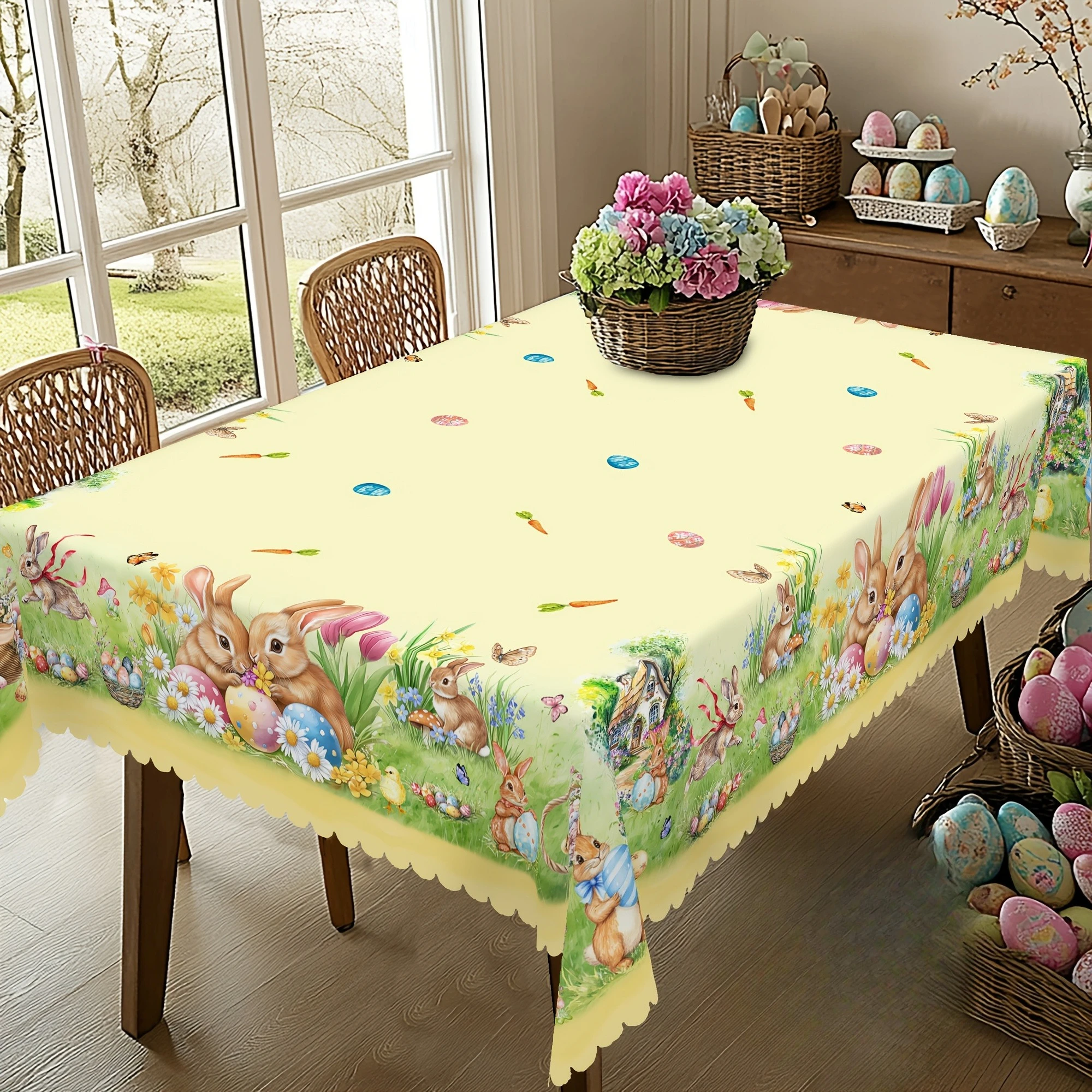 Easter Bunny Eggs Flowers Tablecloth for Table Decor Spring Tulip Daisy Floral Rectangle Dining Table Cloth Easter Decorations