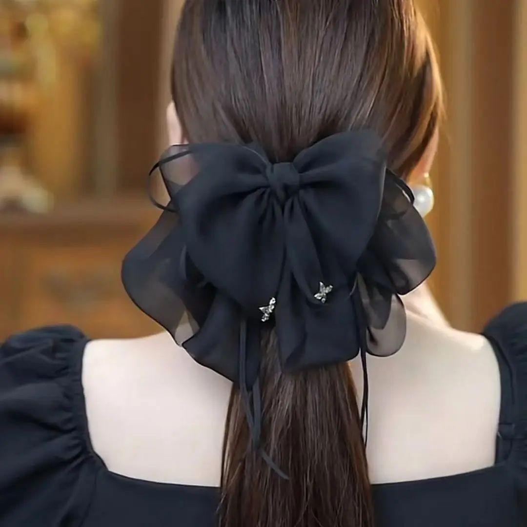 

Black bow streamer hair accessories hairpin back of head ponytail grab clip large headgear head flower hairpin