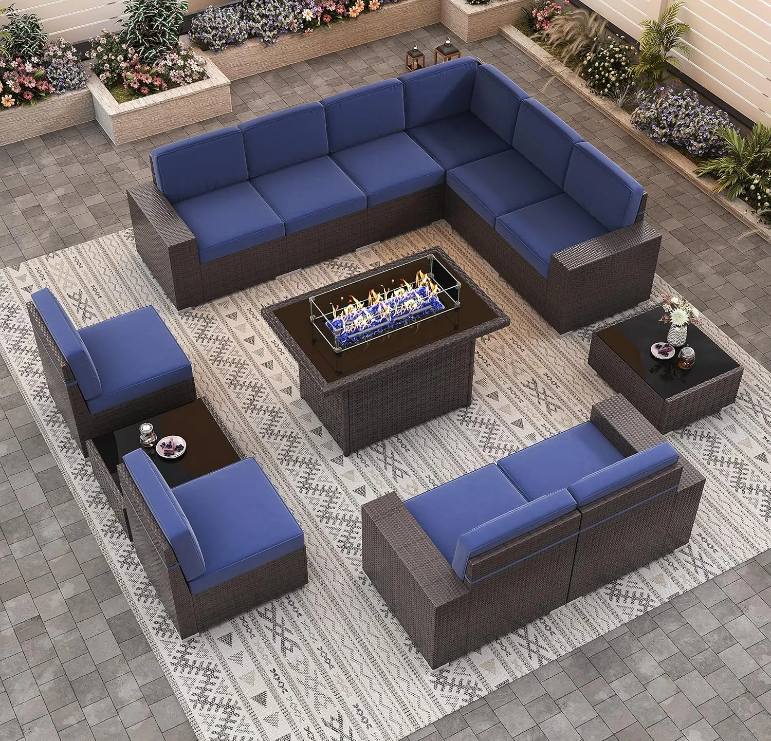 

13 Pieces Patio Furniture Conversation Sofa Set with 44" Propane Gas Fire Pit Table, Outdoor Sectional Rattan Wicker Sofa Set