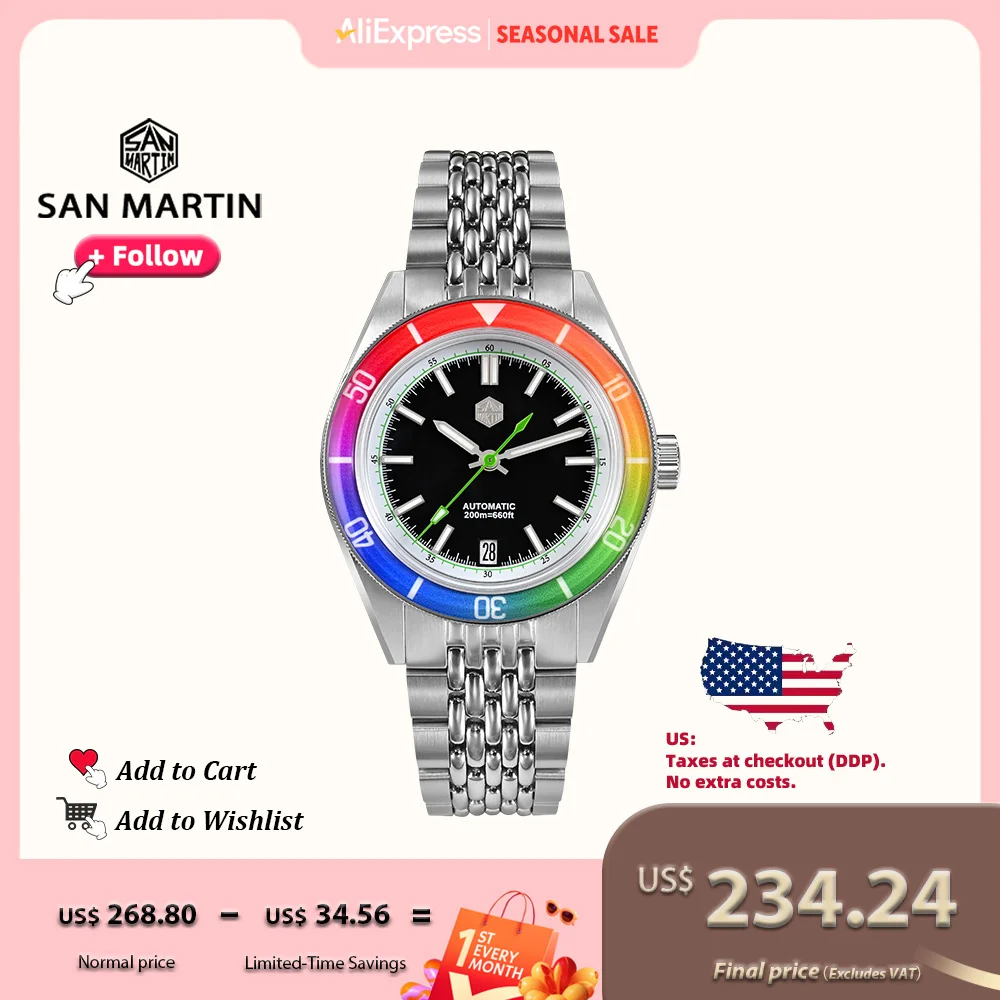 

San Martin Original Design 39.5mm Fashion Men Diving Watch Sapphire Rainbow Bezel Mechanical Watches Luminous Date 200m SN0116