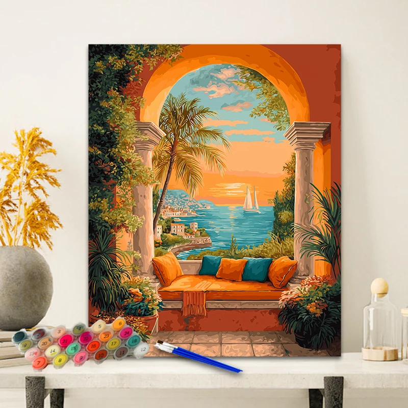 Painting By Numbers Archway Sea View Anniversary gift on Digital Painting Canvas Acrylic Paint Image Digital Coloring