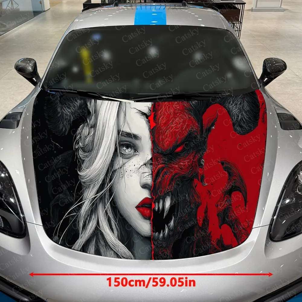 Split Face Demon & Beauty Car Vinyl Wrap, PVC Waterproof Car Hood Sticker, Self-Adhesive Scratch-Resistant Stickers